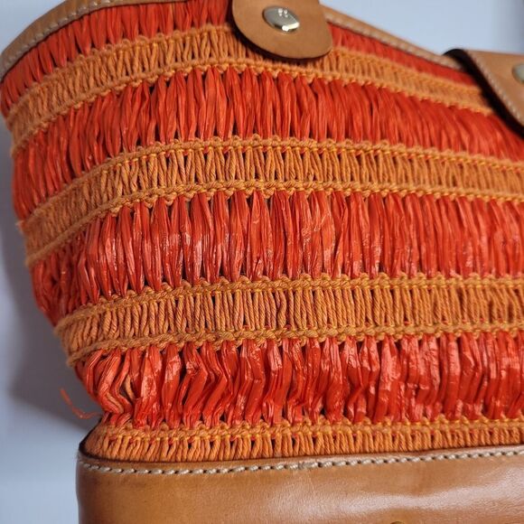 KATE SPADE orange sherbet leather trim raffia wood bottom shoulder bag purse - Picture 9 of 15